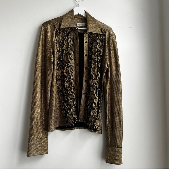 Vintage Tops - Vintage Gold/Black Tuxedo Style Shirt